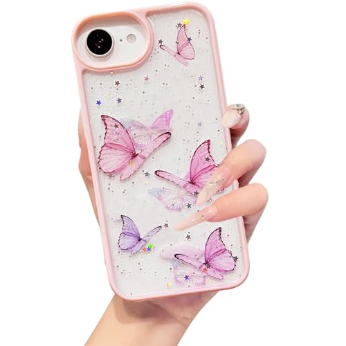 Image of VONZEE for iPhone 17e /iPhone 16e Clear Glitter Butterfly Case, Cute Bling Sparkle Shiny Soft TPU Women Girls Slim Protective Phone Cover for iPhone16E,Pink