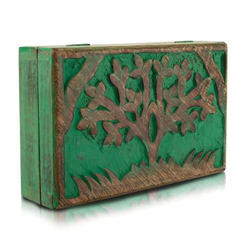 Handmade Decorative Wooden Jewelry Box Tree Of Life Carving & Lock & Key Jewelry Organizer Keepsake Box Treasure Chest Trinket Holder Watch Box Storage Lock Box 8 X 5 Inches (Green) #TOP5