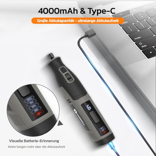 Miniatura 5 de Herramienta Rotativa Inalámbrica Con 80 Accesorios - Mini Amoladora Eléctrica Con Batería 4000mah, 6 Velocidade 8000-28000 Rpm , Carga Rápida Type-C Para Cortar, Taladrar, Tallar Y Manualidades Diy