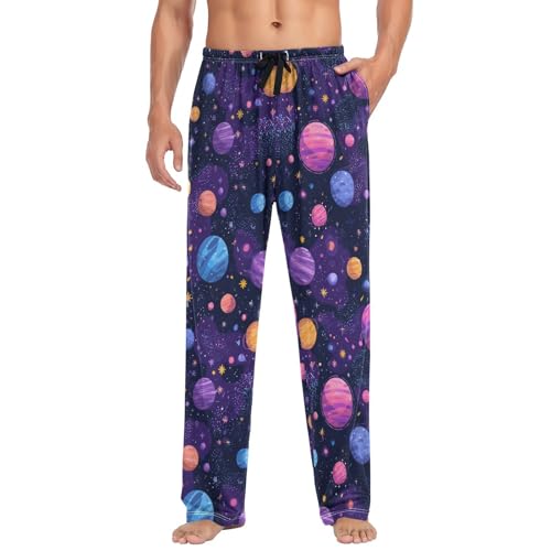 Men's Pajama Pants Stars Planet Pajama Pants for Men PJs Bottoms Drawstring Pockets Purple Sleep Lounge Pants S3