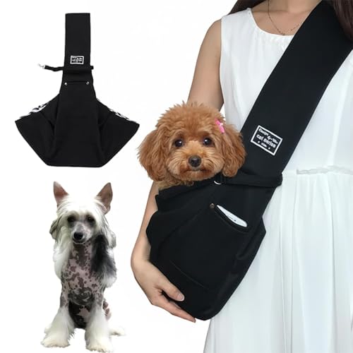 Lifetips チャイニーズ・クレステッド・ドッグ ペットスリング 犬猫兼用 ショルダーキャリー 軽量 通気 洗える 調節可能 クッション付き 収納ポケット 斜め掛け アウトドア 11色展開 小型犬 中型犬 ペット用キャリーバッグ (ブラック)