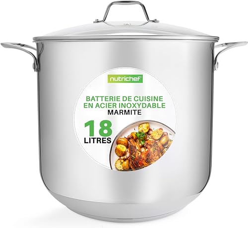 NutriChef Marmite- Faitout Inox de 18 Litres - 18-8 Qualité Alimentaire Résistant Tous Feux- Faitout-Grande Marmite avec Couvercle Transparent, Compatible...