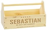 Individuell gravierte Werkzeug-Box mit cooler Aufschrift / Beschriftung. Personalisierbarer Holz-Werkzeugkasten als persönliches Präsent zum Geburtstag, zu Weihnachten, Vater-Tag & Haus-Einweihung