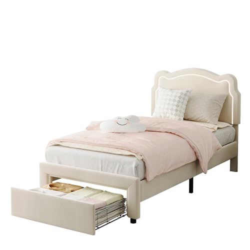 Image of Velvet Upholstered Princess Bed Frame with RGB LED Smart Light, Adjustable Bear Headboard, Wooden Slat Support, No Box Spring Needed, Noise-Free, Easy Assembly, Twin Size for Kids,Twin Beige