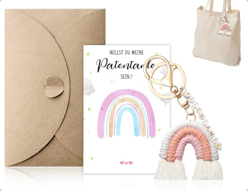 OHYANYAO Llavero De Madrina,Willst du meine Patentante sein? Llavero Tejido Con Borlas Arcoíris,Tarjeta De Felicitación Con Sobre(Lila,Rosa,Gris)