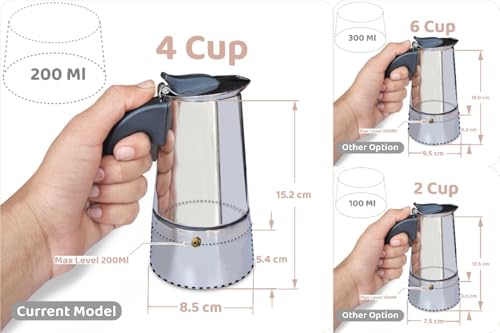 Image of Portable Stainless Steel Stove Top Espresso Coffee Maker Percolator Moka Pot Italian /Espresso /Decoction Coffee /Mocha /South Indian Filter Kaapi Home Machine (Silver) ((4-CUP) (200ML))