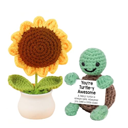 Image of Cute Emotional Support Crochet Toys Handmade Gifts with Message for Women Men Friends Coworkers, Birthday Christmas Valentine's Gift (Crochet Sunflower + Turtle)