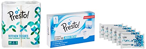 Image of Amazon Brand - Presto! Surface Cleaning Wipes - 30 wipes /pack (Pack of 6) & 2 Ply Kitchen Tissue /Towel Paper Roll - 2 Rolls & rand - Presto! Hygienic Flush Tabs, Aqua Fresh - 50 g (Pack of 6)