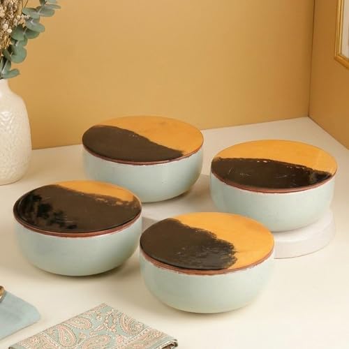Image of The Earth Store Mint Marble Ceramic Bowl with Lid Set of 4, 580ML | Multipurpose Coaster /Lid | Dishwasher & Microwave Safe Bowl | Ideal for Rice, Dal, Fruits, Salad, Snack, Mixing Bowl