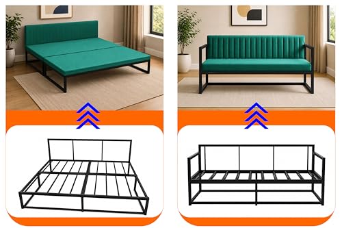 Image of Metal Sofa Cum Bed for Living Room | Modern Industrial Design Metal Frame 3 Seater Sofa Bed for Home, Office & Lounge-Green