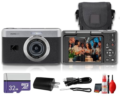 Kodak PIXPRO C1 Compact Digital Camera (Black), 13MP Point and Shoot Camera for Selfies, Travel, Vlogging and Everyday Photos (C1-BK) + 32GB Card + Camera Bag + Cleaning Kit (7pc Bundle) - image 1