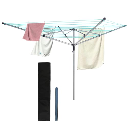 BARGAINS-GALORE 50m Rotary 4 Arm Folding Clothes Airer - Garden Laundry Washing Line Dryer with Ground Spike & Cover | Heavy Duty Lines Spinning Drying Rack - Indoor & Outdoor