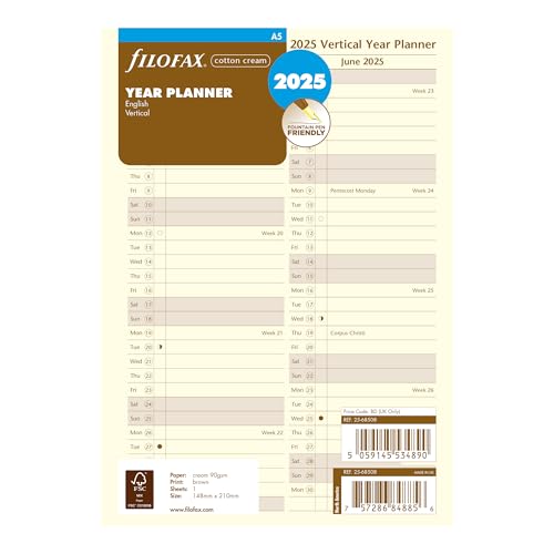 Filofax Calendar Diary Refill, A5 Size, Vertical Year Planner, Cotton Cream Paper, English, 2025 (C68508-25)