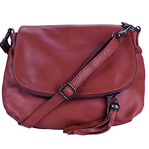 OLIVIA Sac à bandoulière femme 100% Cuir So-PALERME 30 x 22 cm - Marron cognac, Cuir