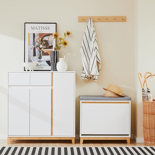 SoBuy Banco Zapatero Entrada Recibidor - Banco Zapatero con Asiento y Almacenaje - Puerta Abatible con Estantes Ajustables - Ideal para Pasillo y Hogar Moderno - 60x34x55cm 115kg Blanco FSR191-WN - imagen 9
