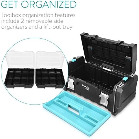Navaris Tool Box 20 Inch - 51 cm Plastic Toolbox Case with 2 Removable Side Organiser Storage Compartments and Lift-Out Tray - Don't Touch Design
