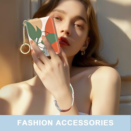 Image of Aiawoxc Credit Card Holder, Small RFID Wallet Slim Leather Card Organizer Case with Zipper and Wristlet Strap, Tropical Plants