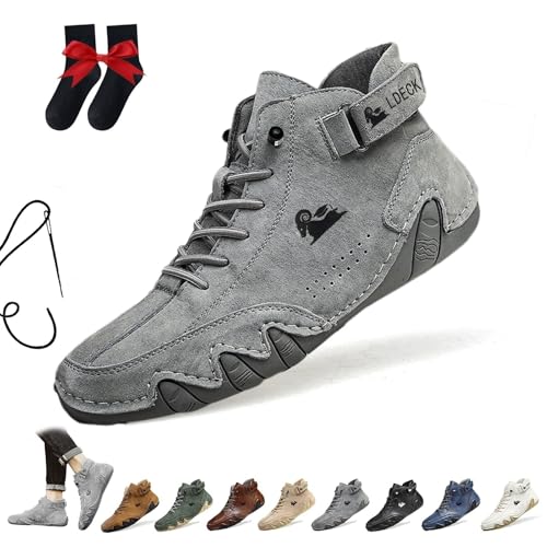 Italian Handmade Suede High Boots, Beck Shoes Men Waterproof Suede Casual Sneakers Outdoor Non-Slip Breathable Barefoot Ankle Boots for Hiking, Driving(Gray,US 5.5)