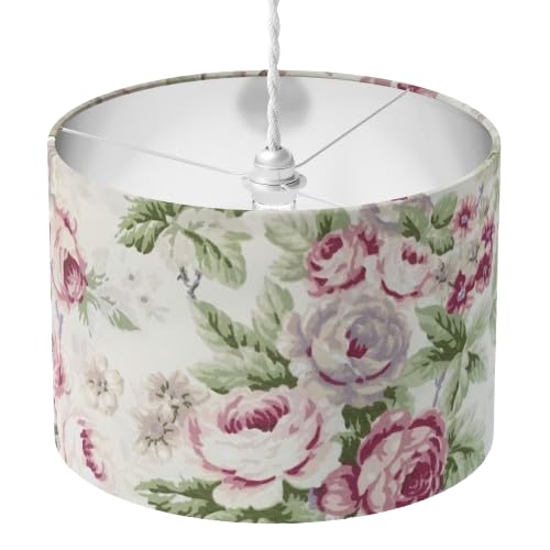 Roses Lampshade, Pink Floral Lamp Shade, Cream Flower Light Shade, Pastel Boho Green Leaf Handmade Lampshade Table Lamp Floor Ceiling Pendant Bedroom Living Room Bedside Country Cottage Home Decor
