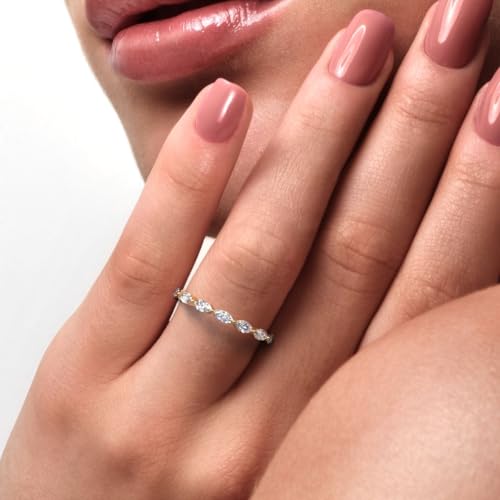 0.7 Ct Marquise Cut Moissanite Dainty Minimalist Stackable Half Eternity Halo Eye 14K Solid White Gold Everyday Wedding Band 5