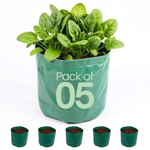 Image of Bio Blooms Round HDPE Grow Bag for Terrace & Kitchen Gardening | Pack of 5 | 12x9 | 340 GSM Heavy Duty Outdoor Planter for Vegetables, Flowers & Plants (Olive Green)