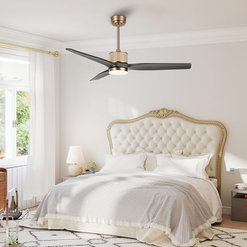 LEDLUX 52" Ceiling Fan with Light – Remote Control, Solid Wood, Quiet Reversible DC Motor, Black/Gold Finish, Includes 4.5"/12" Downrods, Noiseless Ceiling Fan for Bedroom, Living Room, Porch by LEDLUX - Used condition - Image 2