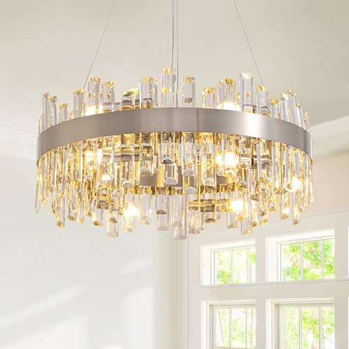 Siljoy 23.6’’ Modern Crystal Chandelier, Luxury Round Crystal Ceiling Light