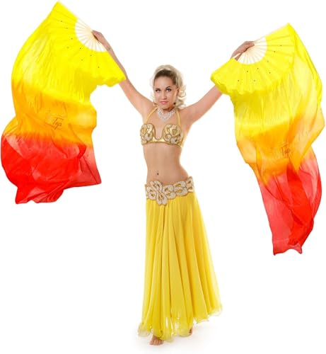 Image of Premium Dancing Long Veil Bamboo Folding Streamer Silk Hand Fan For Dance Shows (Fire Flames, Pack of 1 Piece)