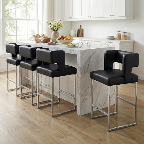 Image of 26 inch H Bar Stools Set of 4 with Back, Faux Leather Counter Height Stools with Footrest, Square Metal Frame, Modern Upholstered Bar Chairs for Kitchen Island /Dining Room, Black & Silver Legs