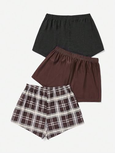 Image of WDIRARA Women's 3 Pack Plaid Letter Graphic Pajama Shorts Lounge Shorts | Elastic Waist ,Comfortable,Home Living,Sleepwear