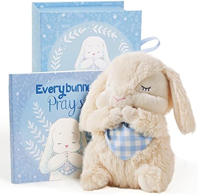 Tickle & Main Everybunny Prays, Baby and Toddler Gift Set with Praying Musical Bunny and Prayer Book in Keepsake Box, Boys, Blue