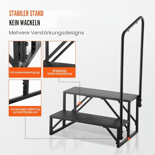 VEVOR Wohnmobil-Stufen, 2-stufige Wohnmobil-Treppe, 200 kg Tragkraft, Verdickter Kohlenstoffstahl, mit Handlauf, rutschfeste Stufen für sicheres EIN- und Aussteigen, geeignet für Wohnmobil, Anhänger