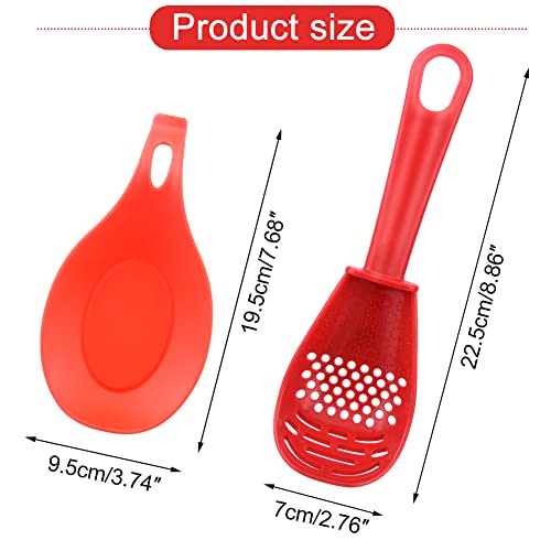 4Pcs Multifunctional Cooking Spoon With 2Pcs Scoop Mats, Skimmer Scoop Colander Strainer Grater Masher, Egg Yolk Separator, Kitchen Tool For Cooking, Draining, Mashing(Red+Black) #TOP6