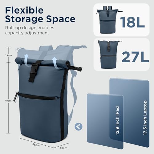 WELDUN Rolltop Rucksack - 18L-27L Verstellbar, Laptop Fach Für 17,3 Zoll, Wasserdichtes PU Leder, Schwarz