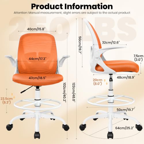 Image of Primy Drafting Chair Tall Office Chair with Flip-up Armrests Executive Ergonomic Computer Standing Desk Chair with Lumbar Support and Adjustable Footrest Ring (Sunset Orange)