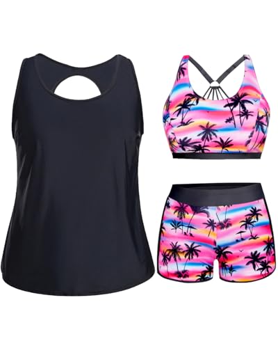 Image of Holipick Women Plus Size Swimsuits - Athletic 3 Piece Tankini with Shorts
