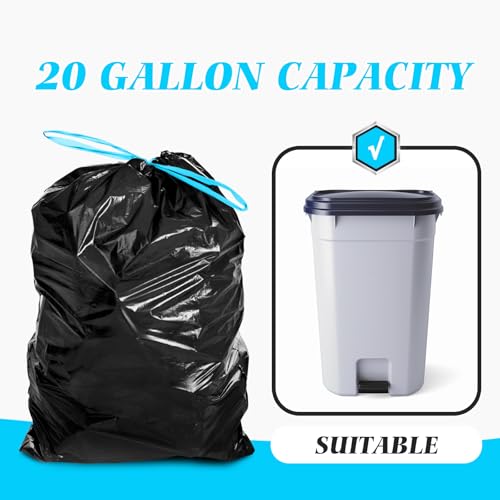 Image of Teivio 20 Gallon 26 Counts Large Drawstring Trash Bags Strong Tall Kitchen Garbage Bags for Home /Office /Light Residential Waste /Outdoor Trash Can, Lawn,Trash Bin liners Black