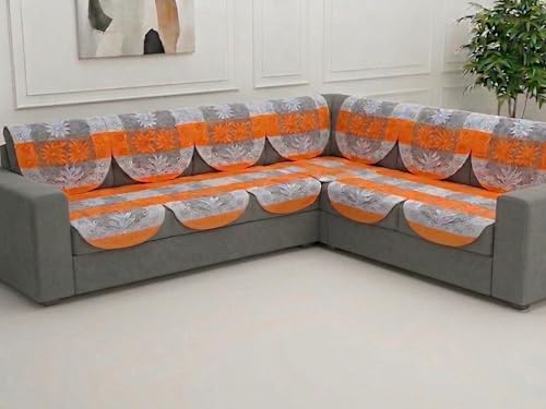Image of Fab Nation Cotton L Shape Sofa Covers for 7 Seater Sofa Set | Sofa Slipcovers for 4 + 3 Seaters Cover Set | Orange & White