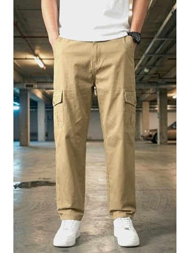 Image of Men's Cargo Trousers-100% Premium Cotton Regular Fit Lightweight Breathable Elastic Waist Multi-Pocket Casual Utility Pants
