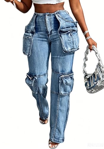 Vaceky Stretch Cargo Jeans Women Straight Leg Side Zipper Slit Y2K