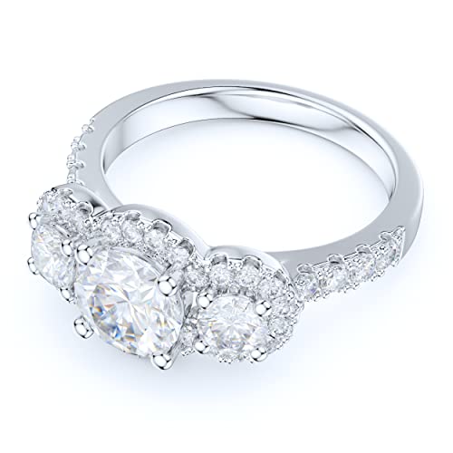 Sterling Silver Three Stones 1CT Simulated Round Brilliant Cut Diamond or Genuine Moissanite Halo Engagement Ring Wedding Promise Ring3