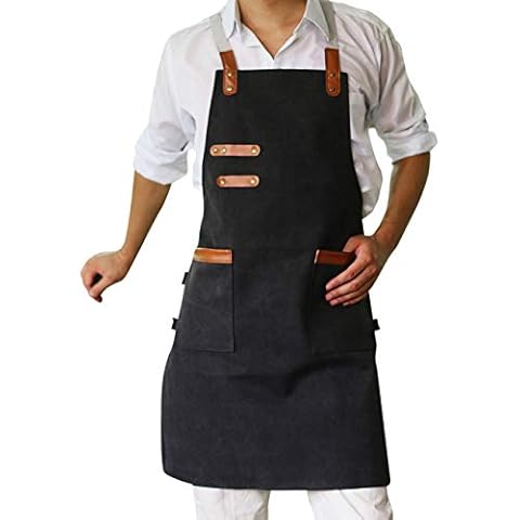 SPDYCESS Apron Washed Canvas Adjustable Waterproof Bib with 2 Pockets Unisex Women Men Cooking Chefs Work Aprons for Home Kitchen Restaurant Coffee House Bistro BBQ Black Cover