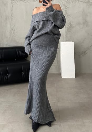 Image of Unybwonn Skirt Sets Women 2 Piece Outfits off the Shoulder Sweater and Knitted Skinny Maxi Skirts Fall Casual Outfits