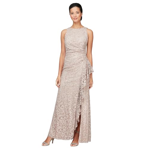 Alex Evenings Women's Long Sleeveless Mother of The Bride Dress W/Cascade Ruffle & Front Slit (Petite and Regular Sizes)
