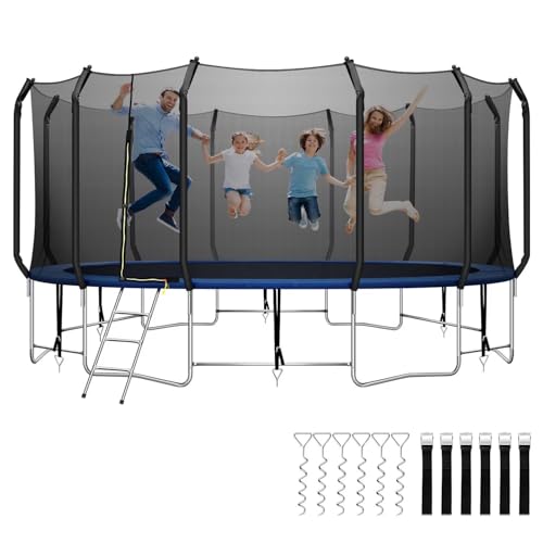 16FT Trampoline for Kids, 1100LBS Trampoline with Balance Bar & 6 Wind Stakes, 1.6MM Thickened High End Curved Poles Trampoline for Adults or Kids Family Happy Time