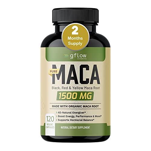 Organic Maca Root Capsules 1500mg - Made with Black, Red, Yellow Peruvian Maca Root Extract & Black Pepper - 120 Vegan Pills - 100% Gelatinized - Supports Energy, Performance & Mood for Men & Women