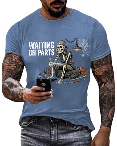 Waiting on Parts Tshirt Skeleton Shirt Mechanic Shirt for Men Sky