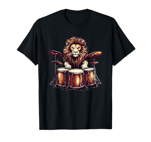 Cool Lion loves Drums Costume per gli amanti degli animali batteristi Maglietta