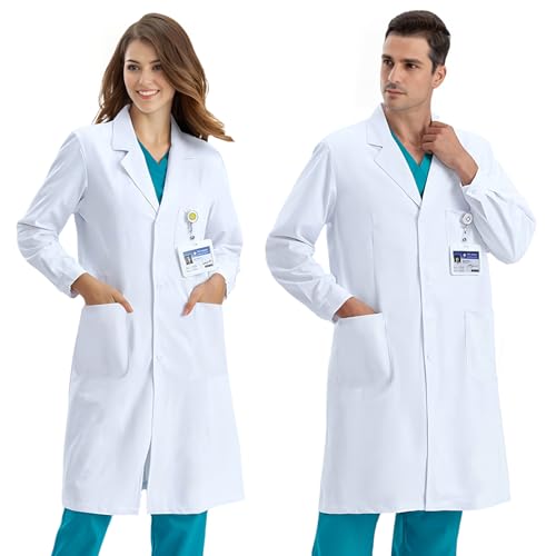 COCREAZY Blouse Blanche Chimie Femme Homme Blouse Chimie Lycee Coton Blouse Laboratoire Collège Blouse Physique Manche Longue Blouse Médicale Blouse Scientifique avec Poche pour Étudiant Hospital, XXL