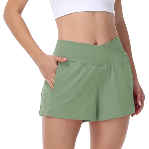 Flowy Athletic Shorts for Women Workout Running Gym Yoga Sport Active Sweat Spandex Skort Golf Tennis Skirt Crossover with Pockets Cute Comfy Girls Trendy Clothes Lounge Casual Summer Outfits Green M
